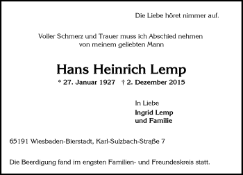 Traueranzeige von Hans Heinrich Lemp von  Wiesbaden komplett