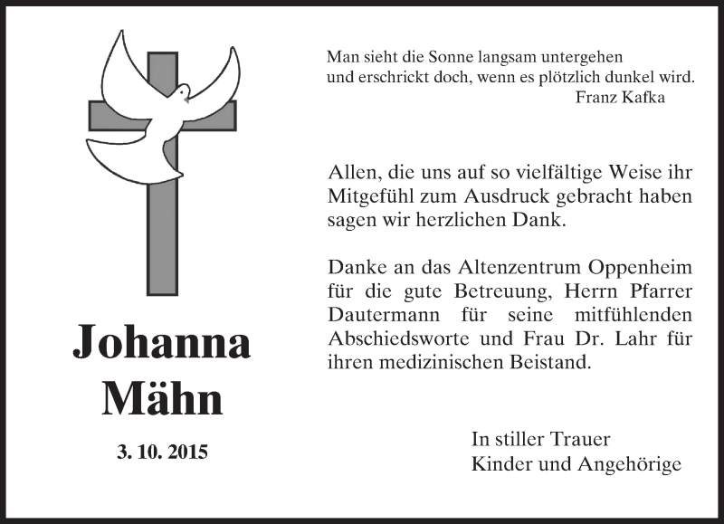  Traueranzeige für Johanna Mähn vom 02.12.2015 aus  Landskrone