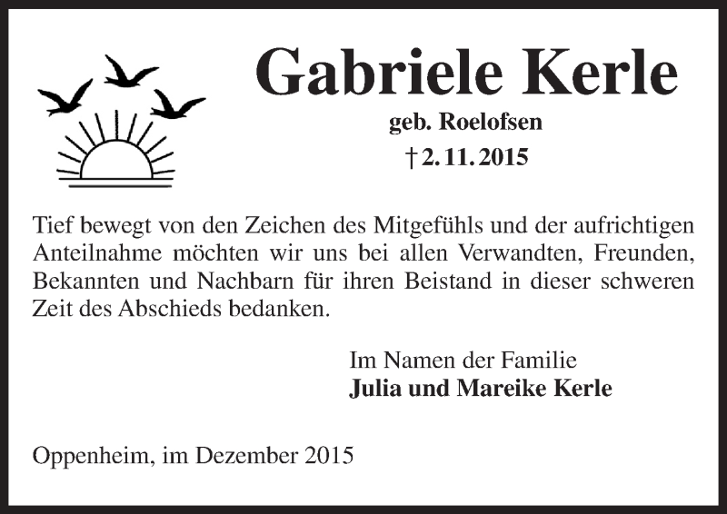  Traueranzeige für Gabriele Kerle vom 05.12.2015 aus  Landskrone