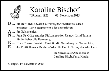Traueranzeige von Karoline Bischof von  Usinger Anzeiger