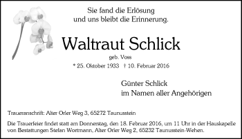 Traueranzeige von Waltraut Schlick von  Wiesbaden komplett