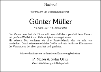 Traueranzeige von Günter Müller von trauer.rmp.de