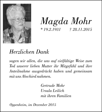 Traueranzeige von Magda Mohr von  Landskrone