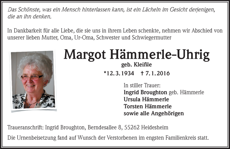  Traueranzeige für Margot Hämmerle-Uhrig vom 06.02.2016 aus  Allgemeine  Zeitung Ingelheim-Bingen