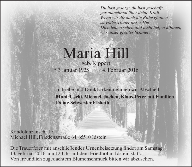  Traueranzeige für Maria Hill vom 10.02.2016 aus  Idsteiner Zeitung