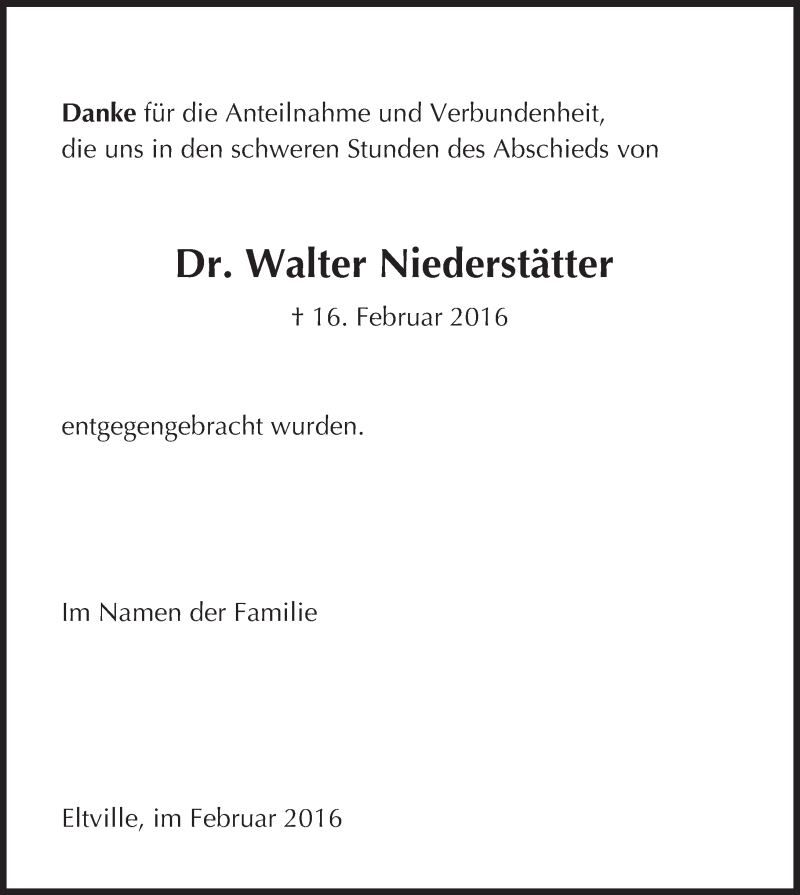  Traueranzeige für Walter Niederstätter vom 27.02.2016 aus  Wiesbaden komplett