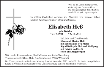 Traueranzeige von Elisabeth Heß von  Allgemeine Zeitung Alzey