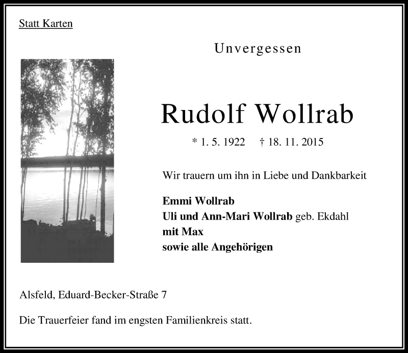  Traueranzeige für Rudolf Wollrab vom 23.11.2015 aus VRM Trauer