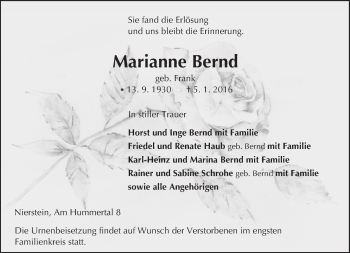 Traueranzeige von Marianna Bernd von  Landskrone