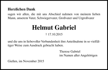 Traueranzeige von Helmut Gabriel von  Gießener Anzeiger