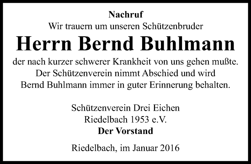  Traueranzeige für Bernd Buhlmann vom 14.01.2016 aus  Usinger Anzeiger