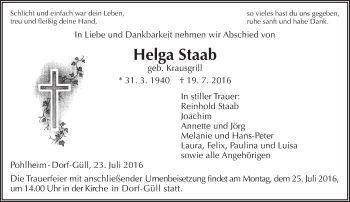 Traueranzeige von Helga Staab von  Gießener Anzeiger