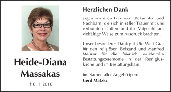 Traueranzeige von Heide-Diana Massakas von  Sonntags Anzeiger