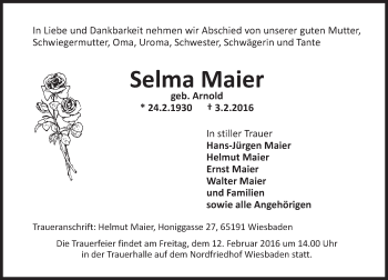 Traueranzeige von Selma Maier von  Wiesbaden komplett