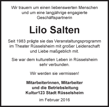 Traueranzeige von Lilo Salten von trauer.rmp.de