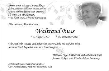 Traueranzeige von Waltraud Buss von  Allgemeine  Zeitung Ingelheim-Bingen