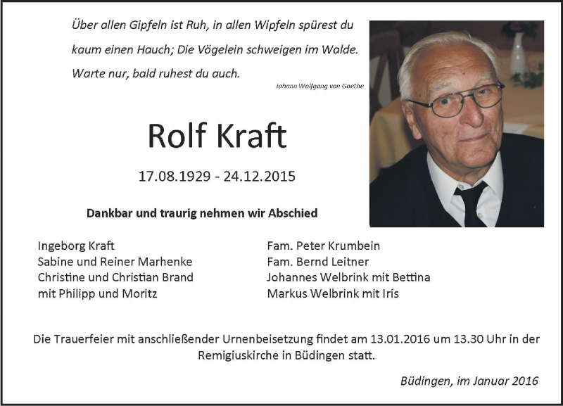  Traueranzeige für Rolf Kraft vom 09.01.2016 aus  Kreisanzeiger