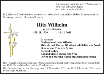 Traueranzeige von Rita Wilhelm von  Hofheimer Zeitung