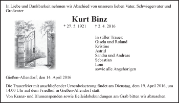Traueranzeige von Kurt Binz von  Gießener Anzeiger
