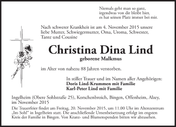 Traueranzeige von Christina Dina Lind von  Allgemeine Zeitung Alzey
