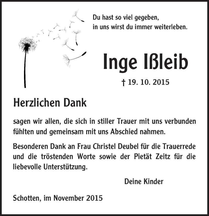  Traueranzeige für Inge Ißleib vom 14.11.2015 aus  Sonntags Anzeiger