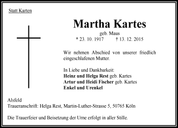 Traueranzeige von Martha Kartes von VRM Trauer