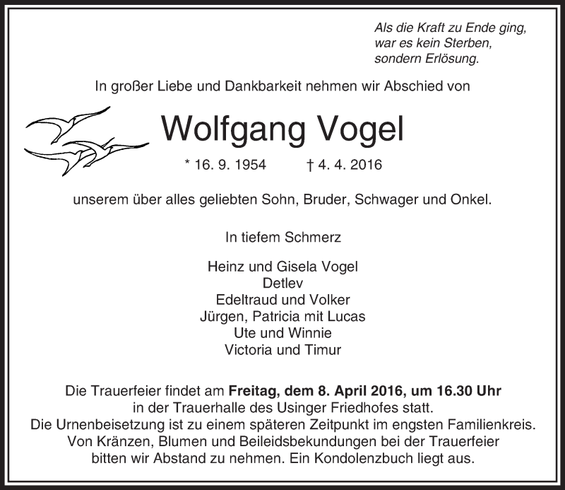  Traueranzeige für Wolfgang Vogel vom 07.04.2016 aus  Usinger Anzeiger