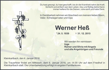 Traueranzeige von Werner Heß von  Wormser Zeitung