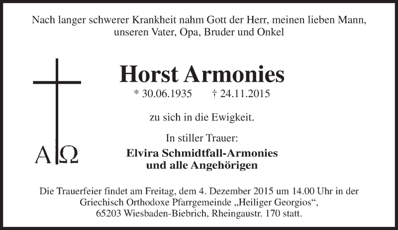  Traueranzeige für Horst Armonies vom 01.12.2015 aus  Wiesbaden komplett