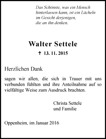 Traueranzeige von Walter Settele von  Allgemeine Zeitung Mainz