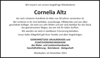 Traueranzeige von Cornelia Altz von  Wiesbaden komplett