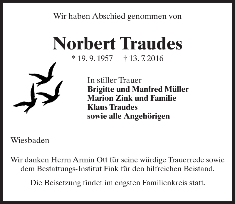  Traueranzeige für Norbert Traudes vom 23.07.2016 aus Trauerportal Rhein Main Presse