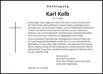 Traueranzeige von Karl Kolb von Trauerportal Rhein Main Presse