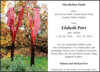 Traueranzeige von Elsbeth Porr von  Allg. Zeitung Bad Kreuznach