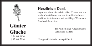 Traueranzeige von Günter Gluche von  Usinger Anzeiger