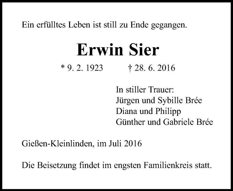  Traueranzeige für Erwin Stier vom 04.07.2016 aus  Gießener Anzeiger