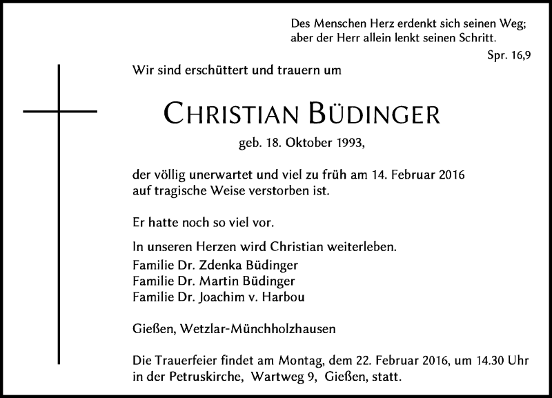  Traueranzeige für Christian Büdinger vom 17.02.2016 aus  Gießener Anzeiger