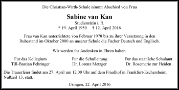 Traueranzeige von Sabine van Kan von  Usinger Anzeiger