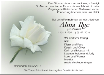 Traueranzeige von Alma Ilge von  Gießener Anzeiger
