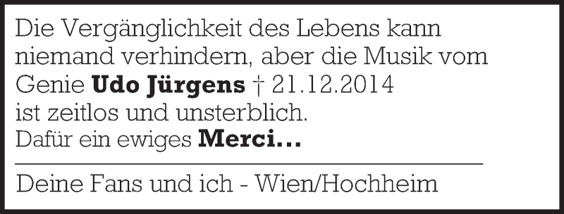  Traueranzeige für Udo Jürgens vom 21.12.2015 aus  Wiesbaden komplett