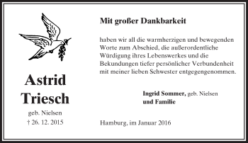 Traueranzeige von Astrid Triesch von  Sonntags Anzeiger