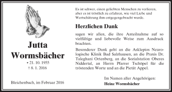 Traueranzeige von Jutta Wormsbächer von  Sonntags Anzeiger