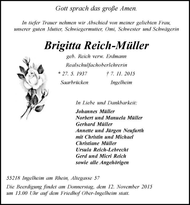  Traueranzeige für Brigitta Reich-Müller vom 10.11.2015 aus  Allgemeine Zeitung Mainz