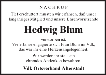 Traueranzeige von Hedwig Blum von  Kreisanzeiger