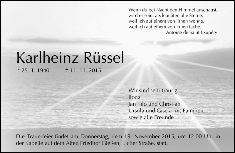 Traueranzeige für Karlheinz Rüssel vom 14.11.2015 aus  Gießener Anzeiger