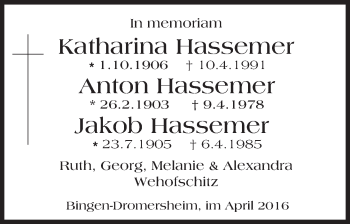 Traueranzeige von Katharina, Anton und Jakob Hassemer von  Allgemeine  Zeitung Ingelheim-Bingen