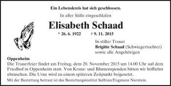 Traueranzeige von Elisabeth Schaad von  Landskrone