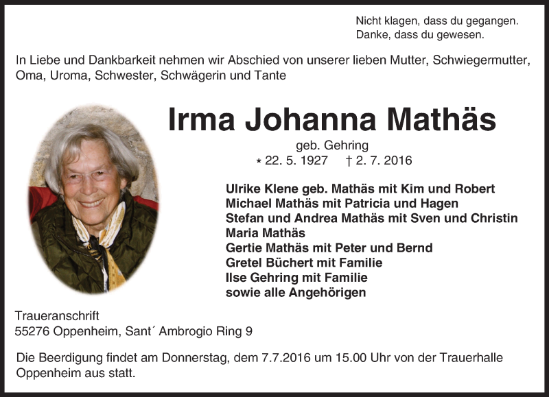  Traueranzeige für Irma Johanna Mathäs vom 05.07.2016 aus Trauerportal Rhein Main Presse
