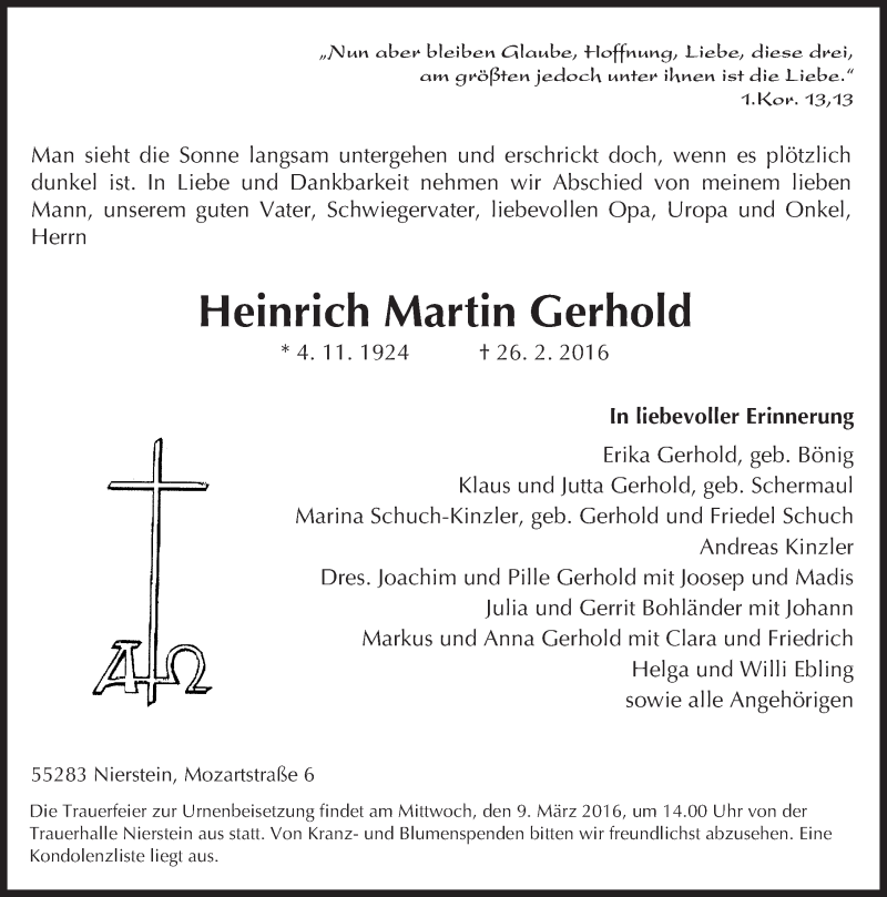  Traueranzeige für Heinrich Martin Gerhold vom 03.03.2016 aus  Landskrone
