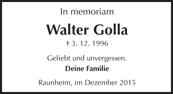 Traueranzeige von Walter Golla von  Mainspitze